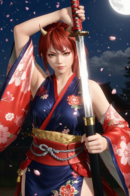 score_9,score_8,score_7_up,ultra detailed,realistic,high_contrast, arm up unsheathing sword, kanna \(doa\), 1girl, oni, solo, closed mouth,  kanna \(doa\), 1girl, oni, red hair, oni horns, v-shaped eyebrows, red eyebrows, green eyes, slit pupils, black eyelashes, red eyeliner, pointy ears, luxurious uchikake formal over-kimono, rich silk fabric, vibrant red and gold embroidery, floral patterns, ornate obi sash, delicate kanzashi hairpins,wide_sleeves,subtle makeup, traditional geta sandals, cherry blossom petals drifting, foggy atmosphere, dim lantern glow, blood moon visible through window, calligraphy scrolls on walls, traditional weapon rack,outdoors,    <lora:doa_kanna_pdxl_v11:0.5000000000000001> <lora:unsheathing_pose_vertical_3_final:0.9>