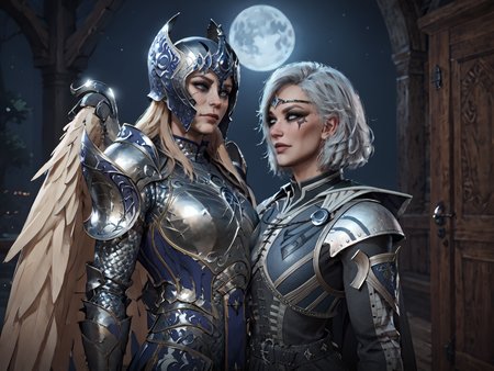 , score_9, score_8_up, score_7_up, score_6_up,, 2girls (looking lovingly at each other from across the room with the full moon between them), 1 tall woman 1 short woman, moonlight, symmetrical, 
BREAK
1girl, dameaylin, armor <lora:aylinPony:0.75>, , helmet, scars, open wings, large breasts, very tall,
BREAK
1girl, isobelArmor, ,bg3isobel, <lora:isoblePony:0.75>