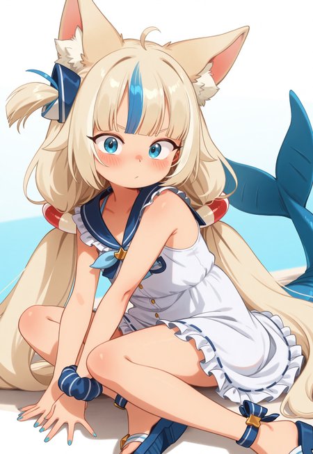 masterpiece, best quality, (magowasabi, khyle.:0.6),

1girl, blue eyes, blonde hair, blue hair, very long hair, streaked hair, ahoge, blunt bangs, low twintails, one side up, hair ornament, blush, cat ears, animal ear fluff, sailor dress, white dress, blue sailor collar, badge, single wrist scrunchie, blue nails, fish tail, anklet, ankle bow,   sandals, looking at viewer, 