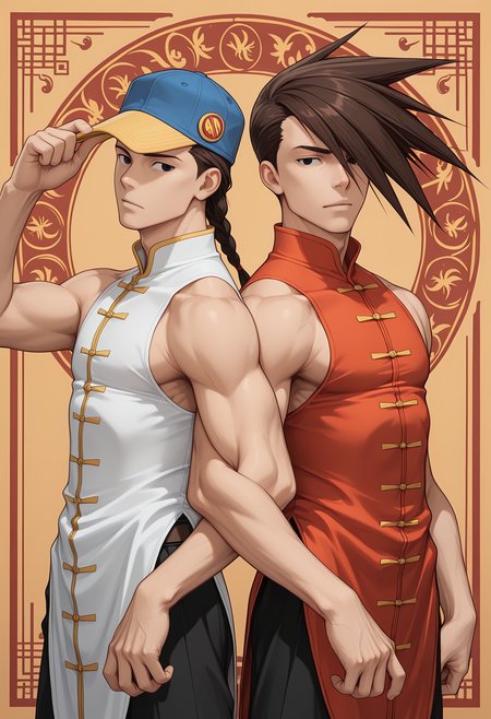 masterpiece, best quality, amazing quality, dutch angle, dynamic angle, abstract background,<lora:cfg_scale_boost:.6>,   <lora:Yun_Lee_and_Yang_Lee_-_Street_Fighter_-_ILXL:1> ADDBASE
2boys,male, sf_yun, baseball cap, black hair, single braid, long braid, black eyes, chinese clothing, ADDCOL
2boys, male, sf_yang, spiked hair, hair over one eye, brown hair, black eyes, chinese clothing