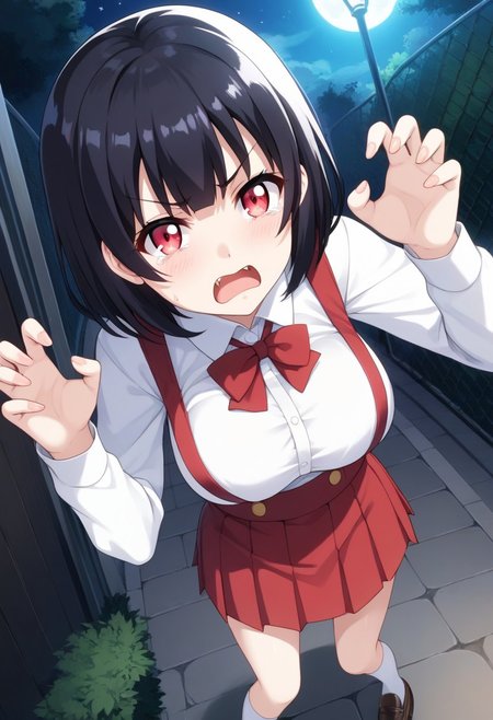 score_9,score_8_up,score_7_up,score_6_up, source_anime, BREAK, 
Hiraki Hanako, solo, (large breasts), pale skin, short hair, black hair, bangs, glowing eyes, red eyes, fangs, school uniform, collared shirt, white shirt, long sleeves, claw pose, large breasts, high-waist skirt, suspenders, red skirt, white socks, loafers, 
open mouth, angry, frown, tears, (tear drops), 
looking at viewer, (face shot), (dynamic angle), 
outdoors, (at night:1.3),