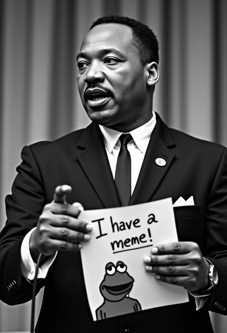 black and white photo of martin luther king holding a speech. You can see his notes. On the paper is the text "I have a meme!" and an image of pepe the frog. monochrome.