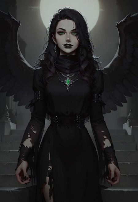 score_9, score_8_up, score_7_up, concept art, realistic, dark theme, perfect quality, masterpiece, highly detailed, dim light, Expressiveh, 4kFacePonyXL, ng_deepnegative_v1_75t,
anatomically perfect, bhands, glowing, neon lights,
portrait, gothic fantasy style, wide gothic grey marble staircase, outdoor scene, 
1girl, 30 years old woman, solo, tall regal figure, slender body, fit athletic body, beautiful face, pale skin, black boots, slightly torn elegant long black robes, thick robes, rags, robes covering body from neck to ankle, black scarf, holes in robe, dark black messy hair with gray streaks, waist length hair, long hair, large sexy eyes, vibrant green eyes, black nail polish, standing at top of the staircase, black wings made of shadow and darkness, black lipstick, soft smile, silver ring with ruby stone, silver diamond earrings, silver necklace with ruby medallion, looking at viewer,