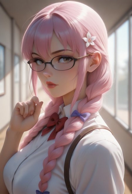 masterpiece,looking at viewer,solo,school_uniform,<lora:Rika Illustrious v1:1> rika, glasses, pink hair, braid, hair bow, brown eyes,