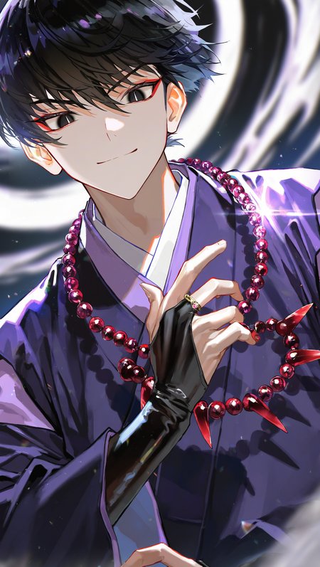 (artist:[diyokama|fuzichoco|yoneyama mai|lam \(ramdayo\)|quasarcake]:0.8), (takahashi rumiko \(style\):1.2),
miroku \(inuyasha\), 1boy, male focus, solo, black hair, looking at viewer, upper body, dark purple kimono, smile, bracelet, bridal gauntlets, beads, hair between eyes, wide sleeves, black eyes, short hair, long sleeves, v-shaped eyebrows,
dark, backlighting, black hole, depth of field, dutch angle, glint, 
masterpiece, best quality, very awa, absurdres
<lora:noobai_vpred_1_inuyasha_v1:1>
<lora:noobai_vpred_1_masterpieces_v1:1>