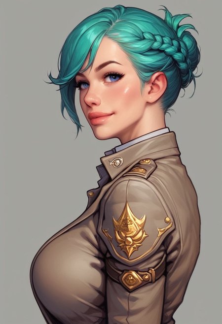((((side view))))
beautiful color, aesthetic, 2d,
(zeon pilot:1.3), ((khaki suit)), 
solo, standing, (battleground, explosions:1.5)
1girl, cute face, modest smile
((turquoise hair, folded in french braid, long side bang hairstyles)), 	
big natural breasts, 
focused, looking at viewer,
(((full-clothed))), dynamic pose
BREAK 
score_9, score_8_up, score_7_up, score_6_up, source_cartoon, rating_explicit, Expressiveh, (((((upper body))))), dynamic pose