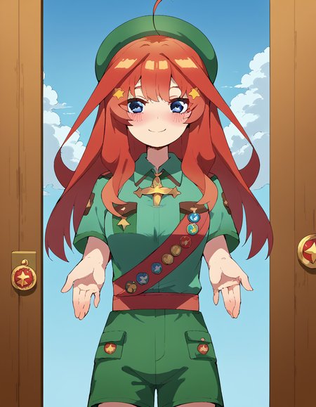 score_9, score_8_up, score_7_up, source_anime, <lora:itsuki-nakano-s2-ponyxl-lora-nochekaiser:1>, itsuki nakano, bangs, long hair, blue eyes, hair between eyes, ahoge, red hair, star (symbol), hair ornament, star hair ornament, large breasts, <lora:girl-scout-uniform-ponyxl-lora-nochekaiser:1> girl scout uniform, badge, beret, breast pocket, girl scout, green hat, hat, short sleeves, shirt, green shirt, shoulder sash, medal, button badge, uniform, shorts, green shorts, short shorts, kneehighs,, smile, blush, looking at viewer, blue sky, clouds, entrance, doorway, <lora:incoming-gift-ponyxl-lora-nochekaiser:1>, incoming gift, outstretched arms, holding, holding box, box, cardboard box,, cowboy shot,