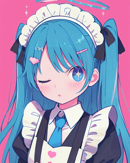 1girl, solo, one eye closed, maid headdress, halo, symbol-shaped pupils, heart, maid, long hair, hair ornament, pink background, blue hair, hairclip, simple background, blue eyes, bangs, bow, heart-shaped pupils, looking at viewer, necktie, hair bow, upper body, sparkle, parted lips, pink theme, apron <lora:morning_glory:1>