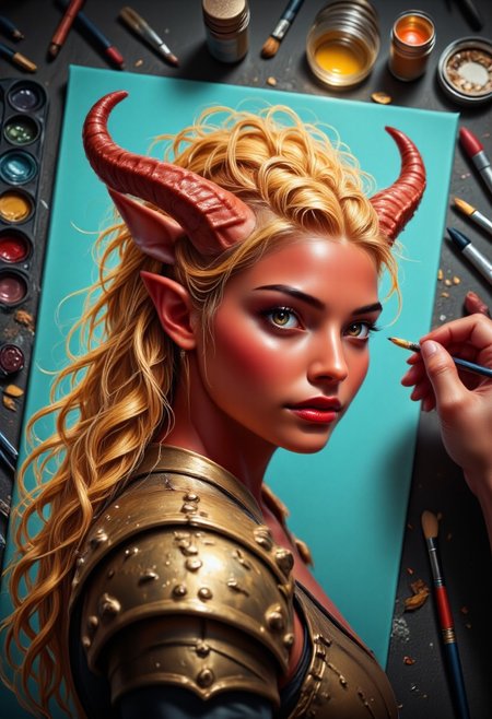 Surreal image of a beauty portrait of a strong beautiful tiefling drawn in an art studio onto a cyan coloured canvas. She is painted wearing golden plated armour. She has radiant dark red skin and expressive, glowing eyes, and long glowing bright golden flowing hair made of light. 
 There are scattered art supplies around the table, focusing on the painted tiefling. The background features an art studio setting with various art supplies. A palette of paints is visible on the left side. A small container of magical golden glowing ink. The artist is a painting tiefling with a fine brush, only the artists hand is visible.
Jed-Tflng, brown eyes,  red lips,  tall female Tiefling, large red curved horns, deep red skin ArsMJStyle, dnddarkestfantasy
The image is magical, the colours are gleaming with a glowing golden sparks and highlights.