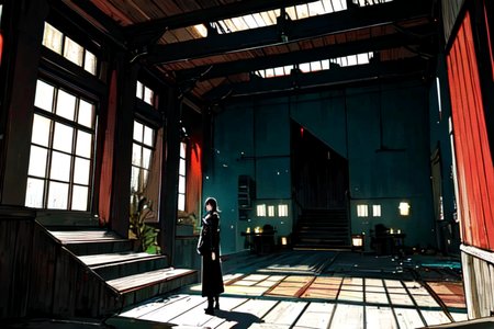 highly insanely detailed, masterpiece, top quality, best quality, highres, 4k, 8k, RAW photo, (very aesthetic, beautiful and aesthetic),  
tsutomu nihei,nihei_tsutomu,blame!,blame gakuen!,abara,TNstyle,sidonia_no_kishi,(space,spacecraft,megastructure in background,deep horizon,hangar,tower,stairs),dark sky,black sky,cyberpunk,science fiction, 
<lora:ABARA:0.5>, 
(1girl:1.3), 
solo focus, 
(minimalistic mid-century modern house) with stucco red exterior, thatched roof, picture windows, antique doors, garden statues,adorned with wrought iron details, located in Riverside Market, Bustling market with stalls selling fresh produce and handmade crafts, the aroma of spices and grilled meats, the sound of bargaining and haggling ,deep red background,dark background,bright blue-green background,(color fusion background),âââ
