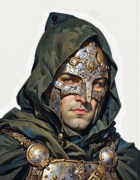 By Phandigrams. This is a digital drawing of a character, likely a warrior, depicted in a detailed, realistic style. The subject is a man wearing a dark green hooded cloak with a metallic helmet, which covers his head and face, revealing only his piercing, intense eyes and a stern expression. The helmet, made of a metallic material, has intricate, ornate designs and features a visor that frames his eyes, giving him a menacing appearance. <lora:Phandigrams:1>