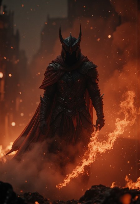 Realistic high Quality analog Photo, atmospheric lighting, volumetric lighting, extreme hkevil face closeup movie portrait, FredFraiStyle long haired shrouded Silhouette of a buxom charming evil Knightess with towering billowing Hair and bleaked orange White Cape, Standing Battle ready with powerful thin Long sword, pastel Red beige Gradient, Highly detailed photorealistic close-up action scene of a knight in intricately patterned armor. The focus is on the knight’s sword, showcasing the deep black of light that trails with the swift motion of the weapon, capturing the dynamic speed of the fighter. The scene is set in a misty, fog-filled night with a vibrant color palette with deep blacks. The background is hazy, while motion streaks and dynamic lighting enhance the sense of speed and intensity, with the knight’s glow piercing through the mist.