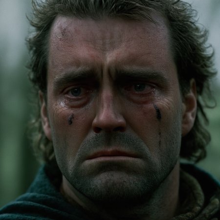 cinematic film still of  <lora:shell shock style:1>
A cinematic Kodak Fujifilm picture of a sad teary crying William Wallace a wrinkly face, tired, fatigue, unhappy, glum, melancholy, miserable, sorrowful, dejected, disconsolate, downhearted, downcast, realism, realistic, dispirited, desolate, oppressed, panic, fear, Combat stress reaction, shell shock style, solo, gloves, blurry, dark,  
 <lora:crying style:0.8>
 <lora:Braveheart film style:0.8>, shallow depth of field, vignette, highly detailed, high budget, bokeh, cinemascope, moody, epic, gorgeous, film grain, grainy