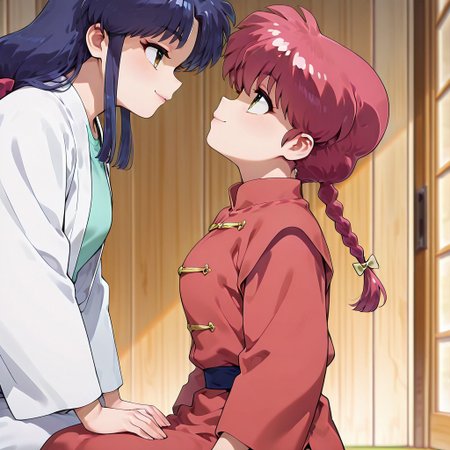 masterpiece,best quality,amazing quality,very aesthetic,absurdres,newest, huge filesize,
<lora:spo_sdxl_10ep_4k-data_lora_webui:0.5>,
<lora:add-detail-xl:1>
1girl ranma, long_hair,red_hair, braided_ponytail, green eyes, sitting female,
1girl akane, low-tied_long_hair, sidelocks, blue_hair, hair_bow,  brown_eyes
 (from side,side view), seductive smile, 
open clothes,  looking each other, looking up, focus on face, head at center of frame