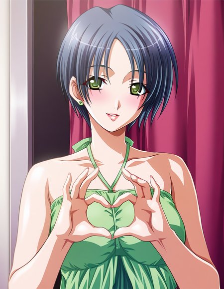 masterpiece, best quality, amazing quality, incredibly absurdres, official art, ultra detailed, official style, BREAK
1girl, solo, takebe_inaho, green eyes, short hair, blue hair, earrings, 
green blouse,  bare shoulders, 
smile, parted lips, looking at viewer, 
standing, heart hands, 
in room, upper body, ultra detailed <lora:Takebe Inaho v1.0-000013:1>