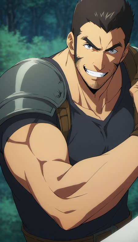1boy, hwangDongsuk_sololeveling,  long sideburns, armor, Stubble, forest environment, tight black t-shirt, middle-age man, score_7_up, score_6_up, score_8_up, score_9_up, face_focus, muscular, evil_grin, smile, centered, looking at viewer, 8k uhd, high quality, attack pose,