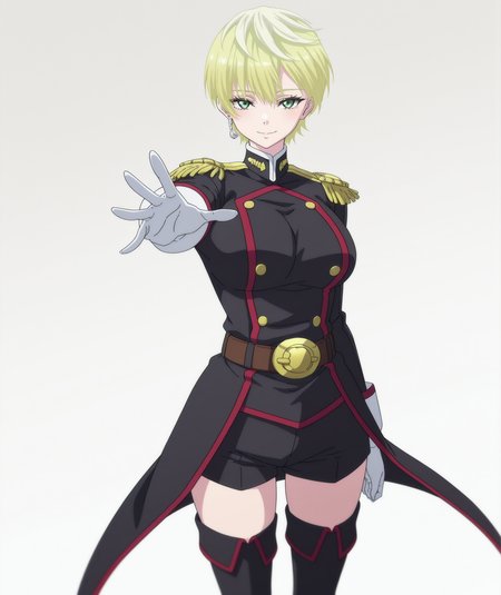 highres, hi res, best quality, masterpiece, 2d, intricate details, 4k, anime coloring,
1girl, solo, female, eyelashes, nose, short hair, blonde hair, jewelry, green eyes, earrings,
thighhighs, gloves, shorts, belt, white gloves, uniform, military, military uniform, epaulettes, black jacket, jacket, 
boots, thigh boots, black thighhighs, black footwear, 
cowboy shot, foreshortening, looking at viewer, facing viewer, front viewer,
depth of field, white background, gradient background, <lora:Tenka_Izumo_ILXL:1>, izumo tenka, mato seihei no slave,