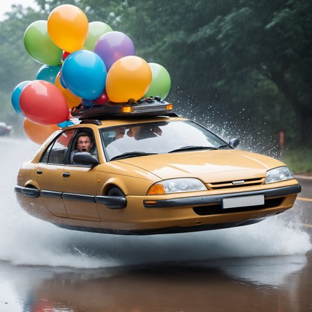 photo of hovercar pursued by dinosaurs, nowheels, science fiction, scifi, retrofuturistic, high-speed chase cinematic, splashing water, raining <lora:No.Wheels:1>, depth of field, motion blur, terrified driver, balloons strapped to car.
