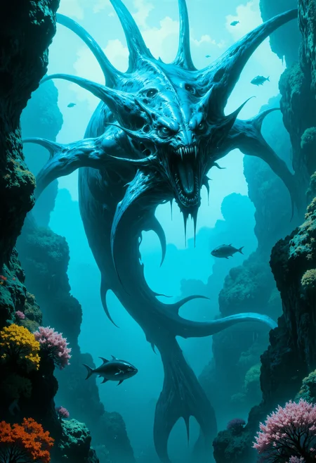 highest details, ultra hyper realism. highly detailed and realistic. intricate and highly professional artwork, an absolute masterpiece.
famous artwork inspired by movies like Avatar and Prometheus, (dramatic underwater scene:1.4), fantasy style, dynamic angle, the "horrific gooxflibber", an sleek biomorphic aquatic creature, equipped with large translucent fins,  translucent scales and a long stinging tail, gracefully floats through the crystal-clear waters of the colorful coral reefs on planet "Underbold Viii"
 <lora:artizen_v00a_epoch_1:0.5> artizen  <lora:Boris Vallejo BV flux D:0.3> Boris Vallejo  <lora:FluxMythG0thicL1nes:0.5> G0thicL1nes <lora:RetroAnimeFluxV1:0.3> <lora:artilands_v02-000006:0.55>   <lora:majichorror_flux:0.4> horror <lora:monster_flux:0.35> <lora:Brain_Eaters:0.2> Brain Eater.