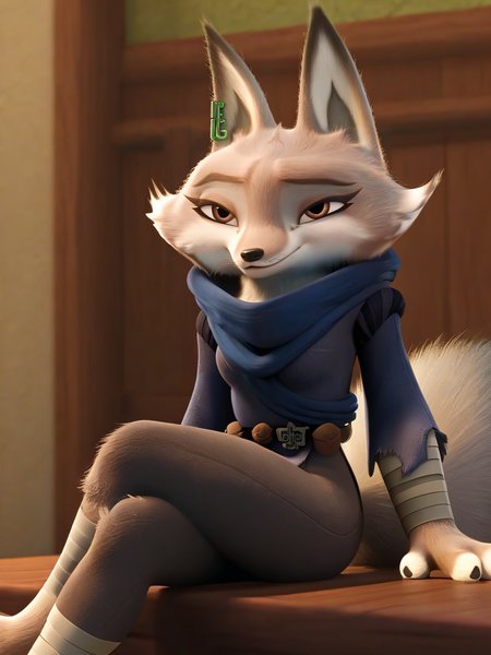 score_9, source_furry,zhen,brown eyes,two-tone fur, grey and white fur, no humans, closed mouth, fox girl,fox ears,furry female,fox tail, perfect curvy small breasts, smile, <lora:Zhen__Kung_Fu_Panda_:1>, green ear piercing, jewelry, earrings, fluffy,   <lora:DetailedFur:0.2> fur, detailed fur, body fur, tuft, fluffy, claws, 1girl, <lora:StS_PonyXL_Detail_Slider_v1.4_iteration_3:4> ,zhendress,green ear piercing, blue scarf,blue long sleeves,bandaged arm,bandages,belt,ninja,jewelry, earrings, black pants,bandaged leg, torn clothes, sitting, crossed legs, seductive smile,