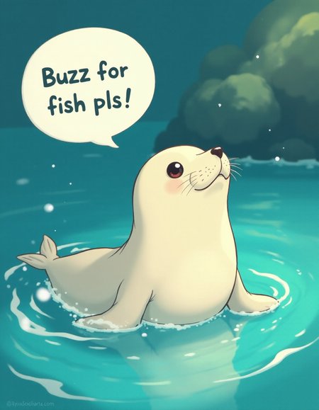 cute seal speech bubble that says " buzz for fish pls " ,, (Studio ghibli style, Art by Hayao Miyazaki:1.2), Anime Style, Manga Style, Hand drawn, cinematic, Sharp focus, humorous illustration, big depth of field, Masterpiece, concept art, trending on artstation, Vivid colors, Simplified style, trending on ArtStation, trending on CGSociety, Intricate, Vibrant colors, Soft Shading, Simplistic Features, Sharp Angles, Playful