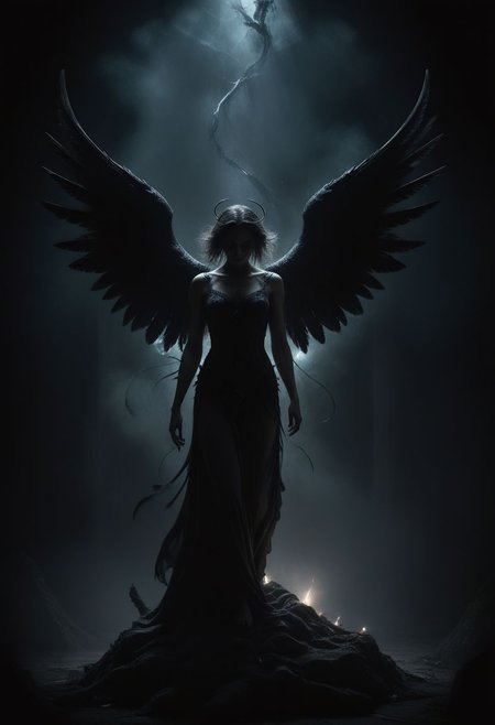 (ultra high res:1.4), (masterpiece:1.4), (beautiful lighting:1.4), (art by Ignat Bednarik and Leigh Behnke:1.2), aesthetic of neue wilde with darkness atmosphere, groundbreaking unrivaled opus with unrivaled details, a fallen angel, (out of focus image:1.4), (tealpurple and silvergray colors:0.1), (balance in center composition:0.1), dark, chiaroscuro