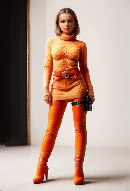 Score_9, score_8_up, score_7_up, score_6_up, 
lana_kane, supermodel, 
dark-skinned female, green_eyes, 
Long  sweater_dress, beautiful high-neck top,, tight red belt, thigh_boots, shoulder holster, high heel ankle boots, (perfect_big_eyes:1.1), 
Standing, In a high rise office, office, skin texture style, detailed skin pore, detailed skin, realistic skin, fFaceDetail, red_granny, orange peel.