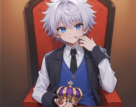 score_9,score_8_up,score_7_up,score_6_up,source_anime,masterpiece,best quality,high-detailed,Ray Tracing BREAK <lora:KING:0.5>,kingstyle,1boy,male focus,crown,solo,looking at viewer,black nails,sitting,necktie,fur trim,nail polish,shirt,collared shirt,long sleeves,smile,holding,coat,chair,upper body,killuazoldick,1boy,solo,male focus,white hair,blue eyes,shirt,long sleeves,layered sleeves,spiked hair,short over long sleevesï¼white shirt,short hair,short sleeves,bangs,turtleneck,blue shirt,grey shirt,
<lora:Killua:1>,