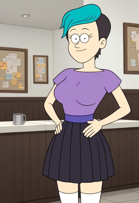 ((room background)),score_9, score_8_up, score_7_up,score_6_up, 
1girl, solo, Celia_RS, light skin, black eyes, short hair, black hair shaved sides, hair teal fringe, purple t-shirt with a round neck, blue violet sash belt, black pleated skirt, long white socks, brown shoes, big eyes, cute, tall stature, social smile, perfect eyes, perfect smile, looking at the viewer, detailed eyes, perfect eyes, standing, big breasts (front pose, bust shot, close up to face, face portrait:1) five fingers, perfect hands, hands on hips