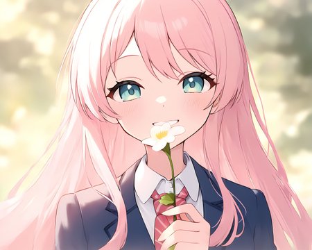 1girl, solo, chihaya anon, smiling, holding flower, cinematic, beautiful light, <lora:locute_noob11_v3_original:1>