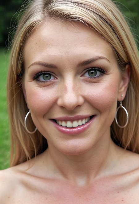 annabelle woman, mature woman, milf, 1girl, realistic, jewelry, solo, earrings, portrait, blonde hair, smile, green eyes, teeth, looking at viewer, detailed skin  <lora:anabelle-remix-v3:1> (outdoors:1.2)