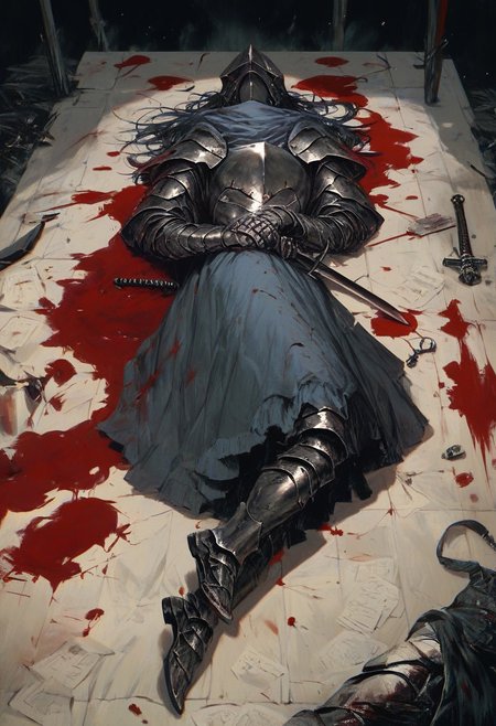 score_9, score_8_up, score_7_up, intimate character design, modern-style color illustration, bold, powerful, lifelike art, detailed setting, (black knight holding a sword), plate armor, laying onto sword, blood coming out of armor, tired, wounded