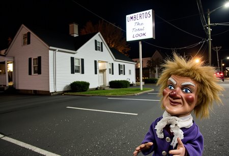 Grit rush reality, a creepy doll with a greasy Jheri curl mullet is a street prostitute, on Harford Road in Baltimore in front of a hair salon in a white house with a big white square sign on a pole in the parking lot with  "UMBERTO'S The Total Look" in purple. At night.