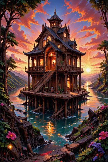 (stilt house:1.3),  beautiful (Tristanian) fantasy landscape,  sunset, woman, intricate, very detailed, sharp, colorful, <lora:Hand v2:1> <lora:Anti-Blur:1> <lora:Insane Detail Slider:0.5>   <lora:Flux.1_Turbo_Detailer:0.6> <lora:flux-photo-transparent_Alpha_1.0:0.8> <lora:flux.1_lora_flyway_Epic-detail_v2:0.6> <lora:Painterly01b_CE_FLUX_AIT:0.8> pntrlyCE_style, <lora:VividlySurreal:0.8>, <lora:FluxMythP0rtr4itStyle:0.8> mythp0rt