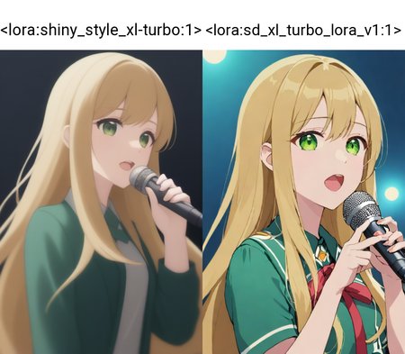 <lora:shiny_style_xl-turbo:1>idol, blonde, long_hair, dark green eyes, sing, microphone