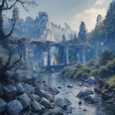 (Realistic:1.5) EdobLandscapeAlpha , outdoors, thorns, signature, blue theme, evening, alien, bridge, solo, rock, forest, <lora:EdobLandscapeAlpha_v1.0:0.8>