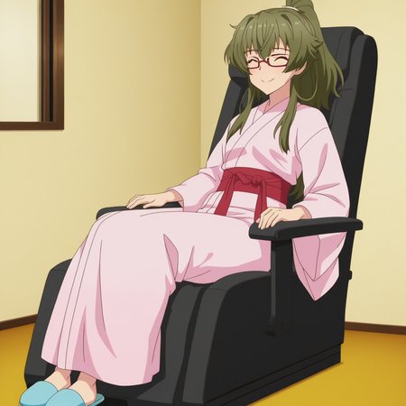 Hazuki Kiryuu, toji no miko style, 1girl, solo, long hair, green hair, bangs, hair flaps, sidelocks, ponytail, brown eyes, small breasts, glasses, pink kimono, red sash, blue robe, blue slippers, sitting, on massage chair, legs together, smile, eyes closed
BREAK
inside hotel, window, nighttime
BREAK
anime screencap, anime coloring, anime colored background, detailed background, detailed face, shiny skin, shiny hair, absurdes, highres, dynamic pose, masterpiece, best quality, official art, cel shaded, graphic illustration, digital painting, CGI, very detailed, amazing quality, intricate details, dynamic pose, HDR, UHD, 8K, Fineline illustration, Highly detailed, ultra-fine painting, sharp focus, Professional, Vivid Colors <lora:add-detail-xl:1> <lora:DetailedEyes_V3:1> <lora:Toji_no_miko_character_pack_Illustrious:1>