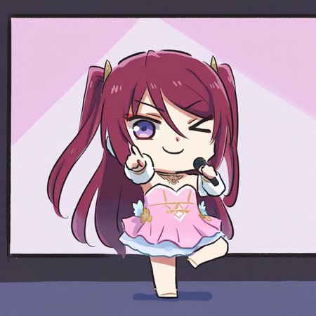 newest stylish, extreme aesthetic, 1girl, solo, BeatriceKushan, standing on one leg, purple eyes, dancing, pointing at viewer, holding microphone, > o, one eye closed, pink dress, smile, juliet sleeves, bare shoulders, detached sleeves, two side up, looking at viewer, chibi, full body, xinzoruo, stage, screen, spotlight, <lora:Bea&KilaKushan-ilxi01:0.5>, <lora:XinzoruoStyle2_AnimagineXLv3:0.5>