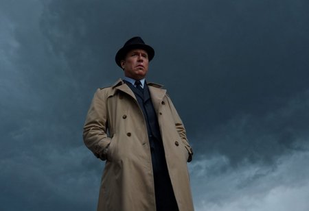 shocking, revelatory, psychological thriller photography, Detective Jack Harper, middle-aged, weary, unshaven, trench coat, fedora, stunned, shocked, disbelief, The Truth, hidden, secretive, complex, wide-angle shot, low-angle camera, dark and stormy sky, ominous mood, low-key lighting, desaturated color palette, inspired by the work of Alfred Hitchcock