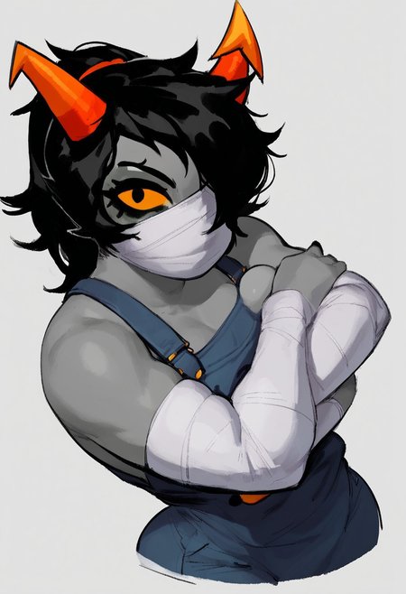 score_9, score_8_up, score_7_up, 1girl, Polypa Goezee, bandaged face, bandaged arms, bandaged legs, black hair, ponytail, small breasts, horns, yellow eyes, petite, muscular, arms crossed, looking at viewer, raised eyebrow, bandages over eye, black overalls, looking at viewer, grey colored skin, white background, homestuck troll