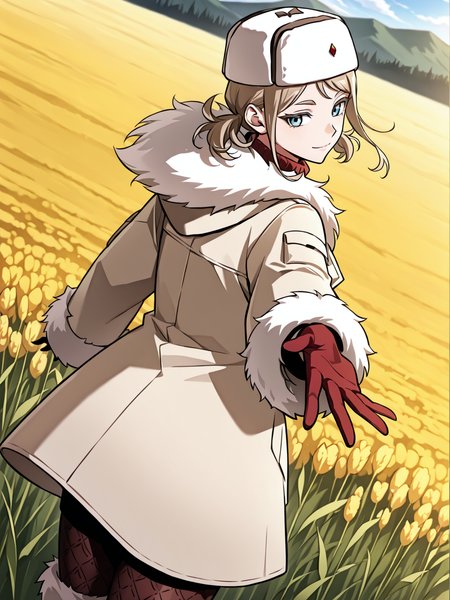 <lora:Omniscient_Readers_Viewpoint__Iris_Vladimirovna_Rebezova:1>
1girl, solo, light brown hair, short twintails, side hair strands, blue eyes, ushanka, 
beige winter coat, fur-trimmed coat, red turtleneck sweater, patterned tights, fur boots, thick gloves, white fur, winter hat, white hat with red gem, long sleeves, layered clothing, 
score_9, score_8_up, score_7_up, very aesthetic, source_anime, detailed, high quality, beautiful, masterpiece, detailed eyes, field, blurry background, pose dynamic angle, upper body, cowboy shot, light smile, looking back, reaching out, floating hair