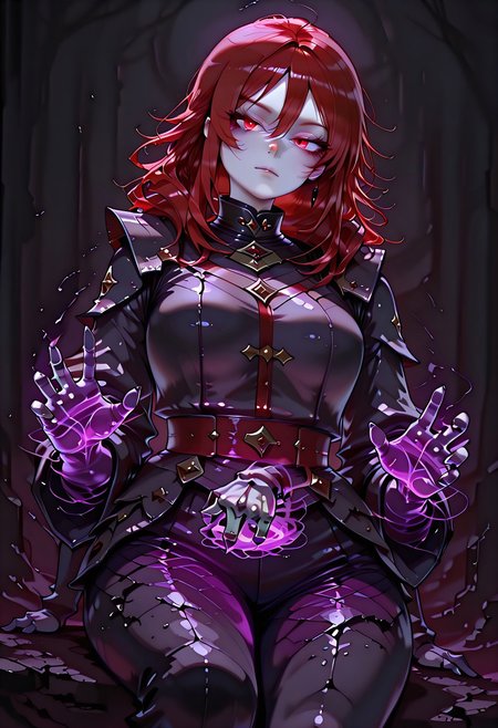 masterpiece, best quality, highres, absurdres, amazing quality, high resolution, 
Red Eyes, Red Hair, pale skin
from below, expressionless, , sitting, head tilt, dutch angle, <lora:chill_touch_Test:0.8>chill_touch-(magic), outstretched handskeletal disembodied hand, purple blue magic, solo, claws, cowboy shot , glowing eyes, dimmed, dark background, simple background,