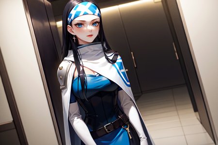 highly insanely detailed, masterpiece, top quality, best quality, highres, 4k, 8k, RAW photo, (very aesthetic, beautiful and aesthetic),  
beth_\(megami_tensei\),bethsmtii,shin megami tensei ii,long hair,black hair,straight hair,sleek black,jewelry,cross,headband,red_lipstick,Blue_dress,armored_corset,blue shirt,messian_cross_earrings,cross_earrings,religious_earrings,messian_symbol_jewelry,white cape,cape_with_messian_symbol,Religious_cape,messian_symbol_cape,holy_knight_cape,katana,sword, 
<lora:zs_Beth:0.5>, 
(1girl:1.3), 1other, 
set in Elevator, Minimalist design featuring frosted glass walls, sleek black flooring, a digital floor indicator, a single potted plant in the corner, soft ambient lighting  , at sunset,âââ