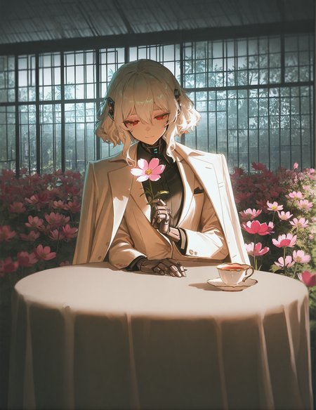 Masterpiece, Best Quality, Best Score, Best Anatomy,ultra deitailed,white suit,sci-fi, futuristic,red eyes,
1girl, (c, android),white hair,medium hair, hair between eyes,wavy hair,Miasma, biomech, cosmos, pink flowers, holding flower,garden,greenhouse,
soft smile,solo,Cinematic Lighting,refraction, moonlight,Elegant Crystal Lighting,
formal suit, tailcoat, open coat,indoors,full scene, sit at table in garden, tea cup on table,coat thrown on,
<lora:add-detail-xl:1>, <lora:nyalia_NoobXL:0.3>, <lora:cutesexyrobutts_style_illustrious_goofy:0.2>,  <lora:nabibutterILLUS:0.1>, usnr, <lora:USNR STYLE_XL_loha:0.9>,