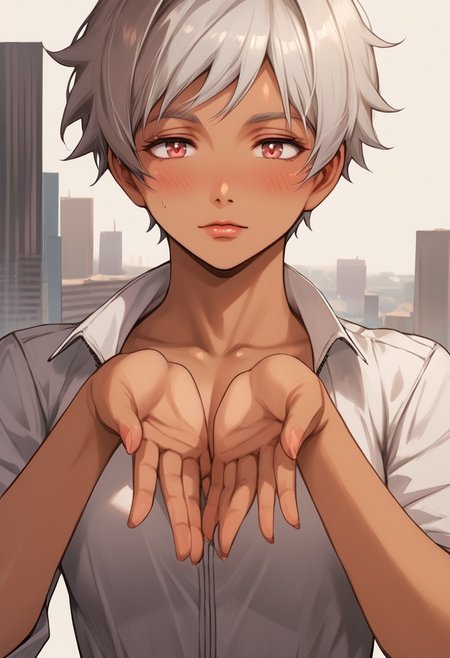 score_9, score_8_up, score_7_up, solo, 1girl, grey hair, dark-skinned female, blush, , Big Breast, short hair, city, jumpsuit brown,
 <lora:add-detail-xl:1.0> ,(((feminine bodies))),(((perfect anatomy))), (((correct arms))), (((correct hands))), detailed eyes、detailed face and detailed skin <lora:add-detail-xl:1.0>,,dark skin, Dark Skin Female, Dark elf