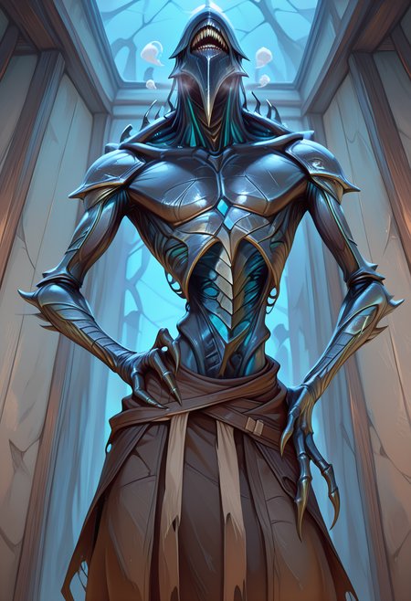 1boy, male, masterpiece, best quality, amazing quality, JinGitaxiasMTG, phyrexian, armored skin, eyeless, solo, monster, standing, eyeless, sharp teeth, claws, heavy breathing, looming, slim body, pectoral focus,  hand on hips, looking at viewer