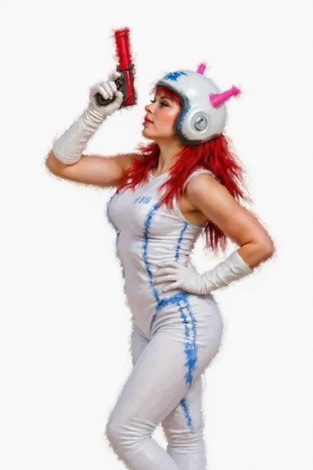 richardmacneil1 painting. 
A woman is dressed in a white and blue space-themed outfit. She has long, flowing red hair and is wearing a helmet with a blue outline and two pink antennae-like protrusions. She hold a red ray gun in her hand, pointed upwards.
  <lora:richardmacneil1_cap_d8a4e11:1.0><lora:853261541070369301:0>