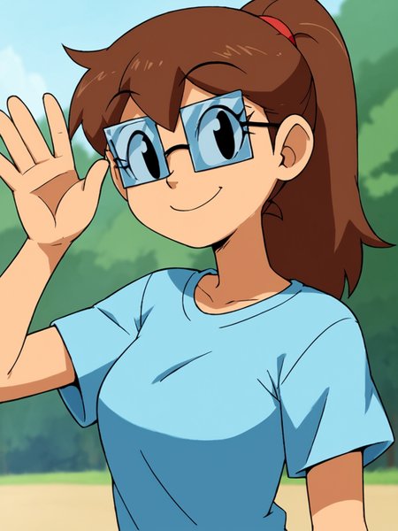 score_9, score_8_up, score_7_up,  score_6_up, BREAK, S0s4n, 1girl, solo, black eyes, long hair, brown hair, glasses, ponytail, blue shirt, smile, upper body, raise left arm, day, outdoor, waving, looking at viewer, Volumetric Lighting  <lora:Susan-000006:1>