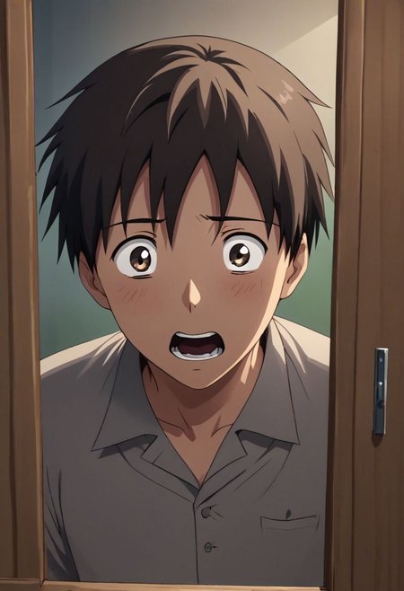 high resolution, solo, best quality, 1Boy, Takaki Toono, Brownish Hair, Brown Eyes, surprised, peeking out, OverallDetail