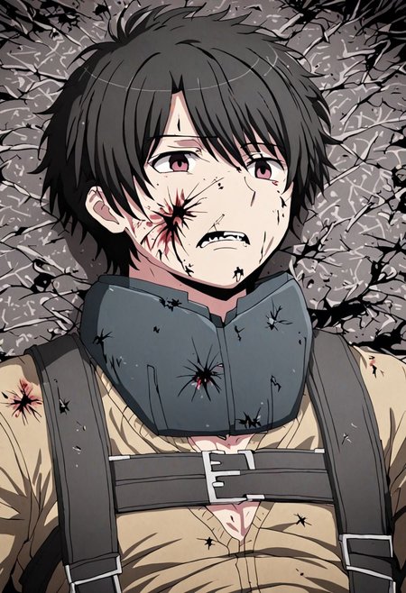 high resolution, solo, best quality, 1Boy, Inaho Kaizuka, Black Hair, fell down, revenged, conquered, dying, battered, bruised, OverallDetail
